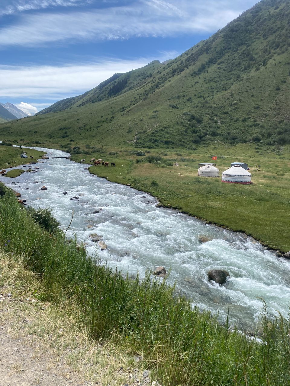 Mountain river, yurts and grazing horses below a green slope in Besh-Tash.