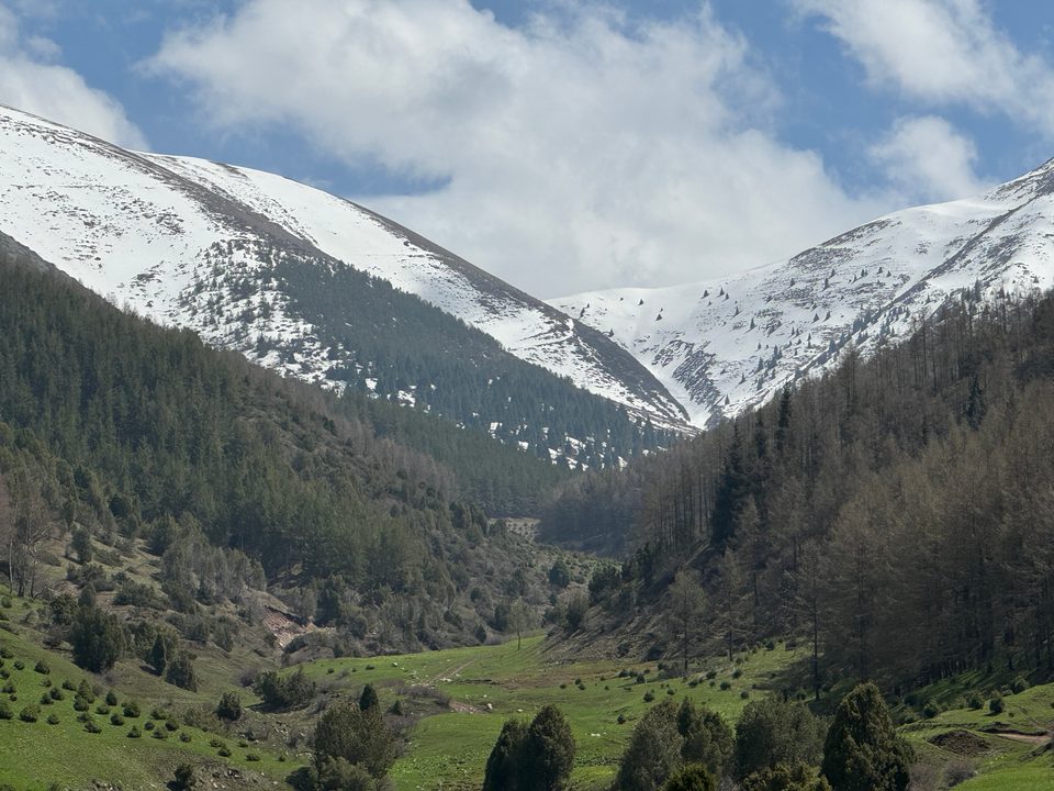 A Kyrgyz mountain landscape with green slopes.