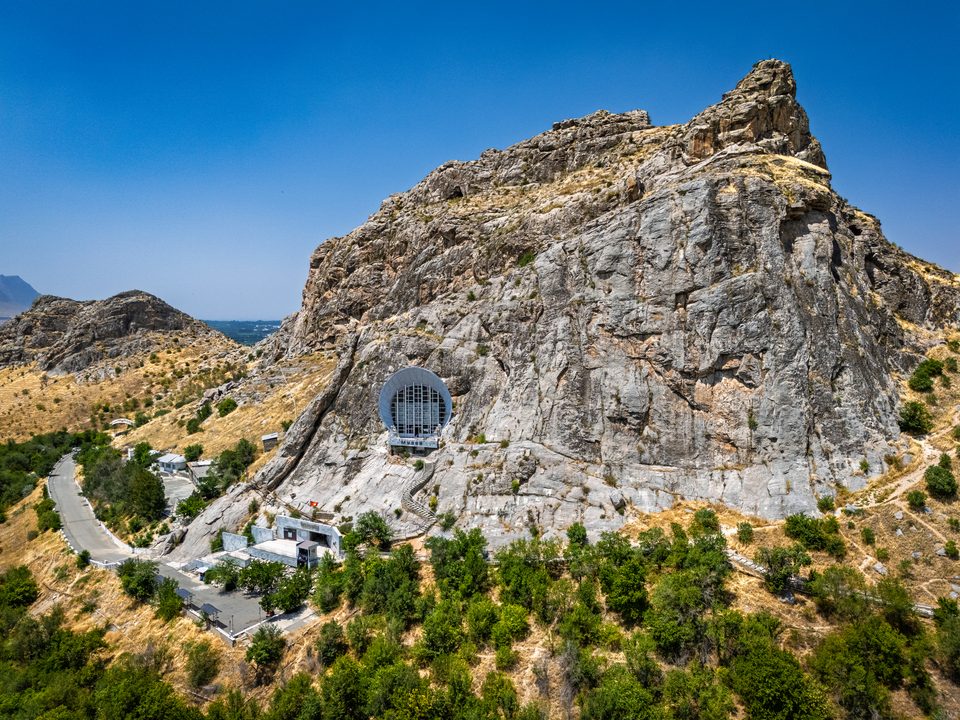 Aerial view of Sulaiman-Too mountain and Osh.